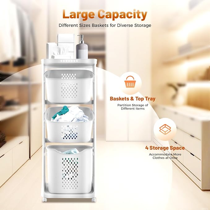 3 Tiers Rolling Laundry Hamper Cart, Laundry Baskets with Wheels, Clothes Washing Storage Basket for Kitchens, Bathrooms, Bedrooms, Laundry Rooms