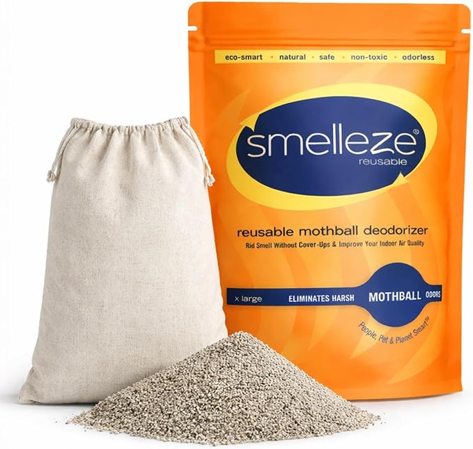 SMELLEZE Natural Mothball Smell Remover Pouch - Covers 375 sqft | Reusable Odor Eliminator for Closets, Basements, Furniture & Drawers - Eco-Friendly Formula - Unscented & Safe