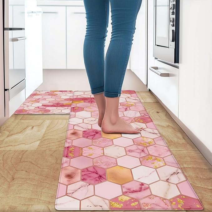 Feelyou Marble Kitchen Mat for Floor Pink Ombre 2pcs Kitchen Rug Geometric Waterproof Non-Slip Rugs for Office Laundry Room Decor Accessories