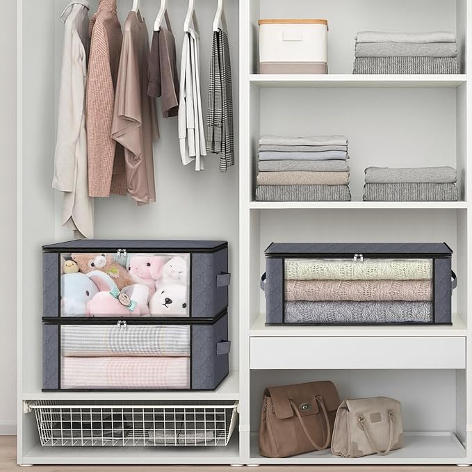 HomeHacks 8-Pack Clothes Organizer Storage Bags, 35L Storage Bins, Gray | Foldable Storage Box Container with Zippers, Clear Window, Reinforced Handles for Closet, Dorm, Pillows, Bedding, Sweater