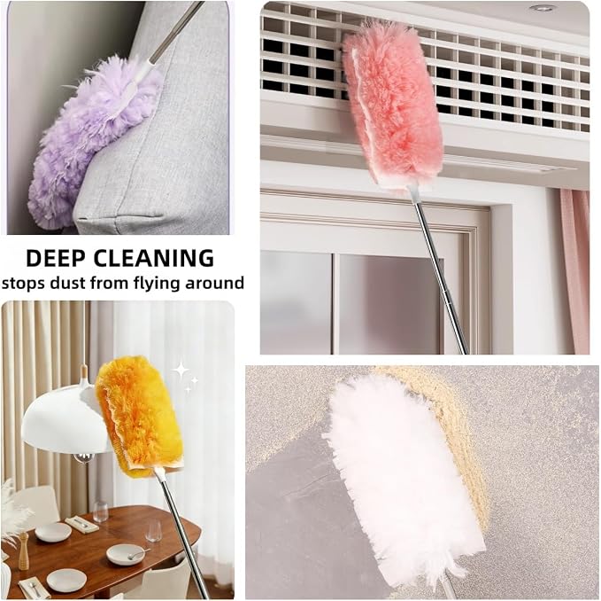 Heavy Duty Duster Refills, Disposable Dusters Kit for Cleaning Dusting Furniture Blind Ceiling Fan, Multi Surface 360 Feather Duster(10)+3FT Extended Handle（1） (White)