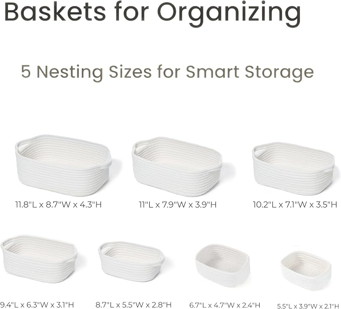 Basket Set for Organizing, Woven Rope Storage Baskets for Shelves | Set of 7, Off White | Small Baskets for Montessori, Baby Nursery, Dog Toy, Bathroom, Closet, Entryway | Cute Organizers