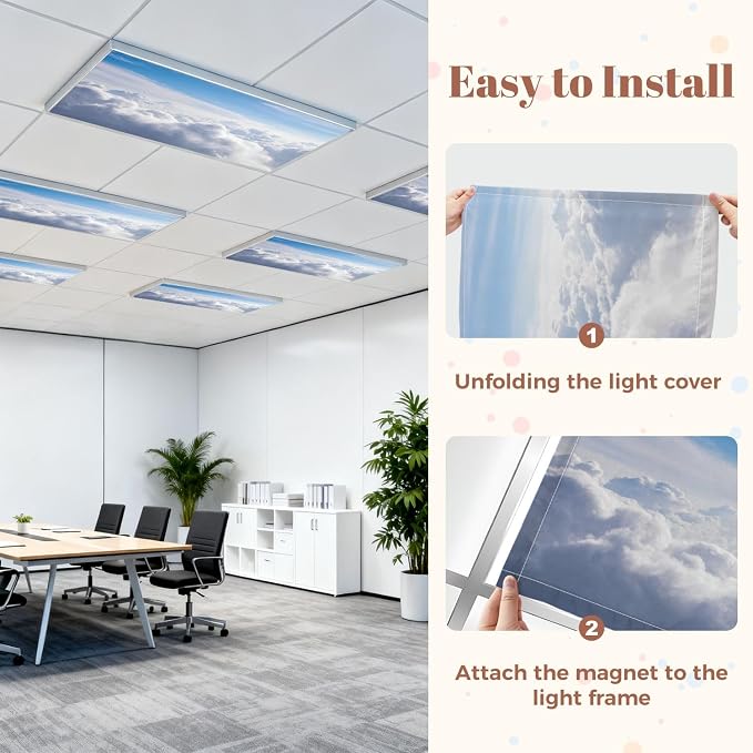 4 Pack Fluorescent Light Covers for Ceiling Lights Clouds Decorative Magnetic Light Cover Light Filters for Classroom Office Home