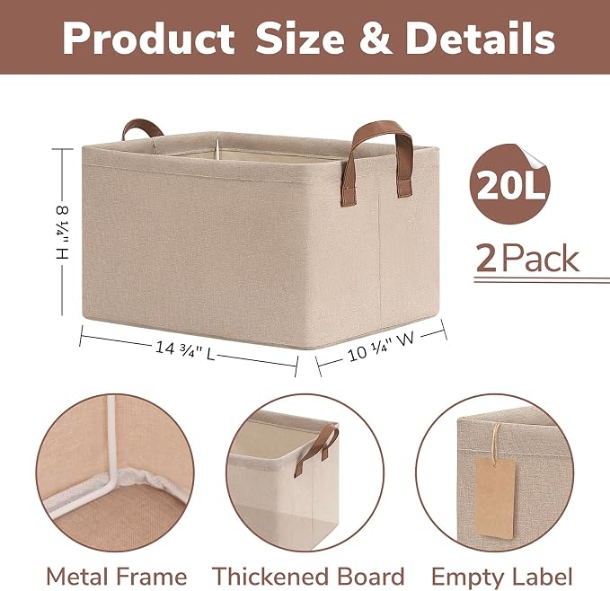 CHICVITA Fabric Storage Bins for Shelves, Metal Frame, 2-Pack, Brown | 20L, 14 ¾" L x 10 ¼" W x 8 ¼" H, Collapsible Design, Towels, Toys & Books Storage, Closet & Living Room Organization