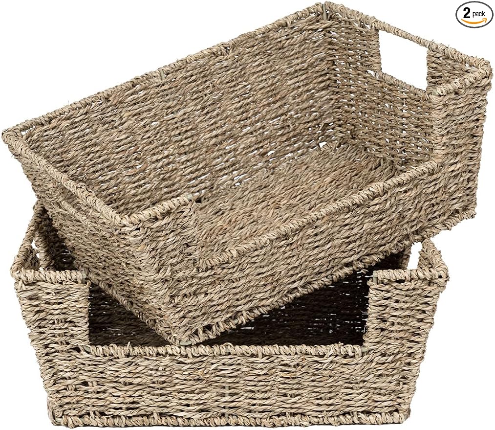StorageWorks Pantry Baskets for Organizing, Storage Baskets, Seagrass | Pantry Baskets for Patato and Onion Storage, Stackable Wicker Basket Organizer for Shelf, Woven Basket for Storage, 2-Pack