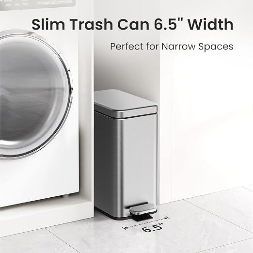 Cesun 2.6 Gallons Small Bathroom Trash Can with Lid Soft Close, Silver | Removable Inner Bucket, Small Stainless Steel Garbage Can for Bedroom/Office, Hands-Free Step Pedal, Fingerprint-Resistant