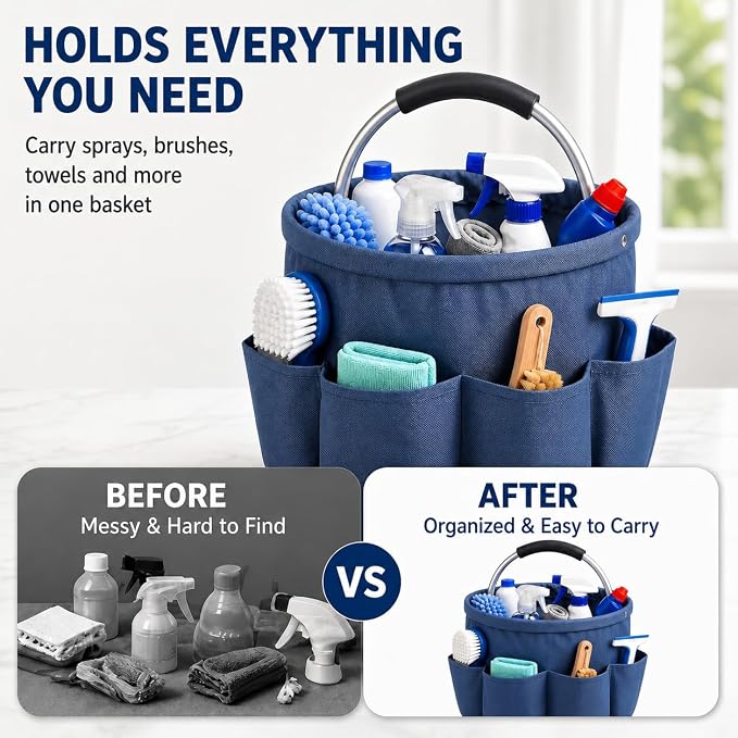 Cleaning Caddy with Handle, Large Supply Organiser 17L with 6 Pockets, Cleaning Products Organiser, Foldable Storage Basket, Portable Cleaning Caddy for Home (Blue)