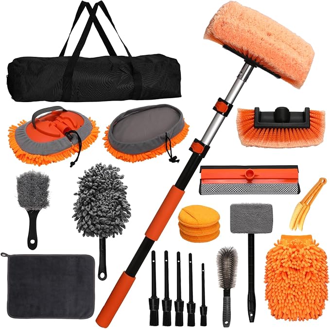 Complete Car Wash Kit with 60inch Heavy-Duty Extension Pole | Soft Car Wash Brush, Wheel & Tire Brush, Scratch-Free Car Mop Mitt & Window Squeegee for Car Exterior & Interior Cleaning