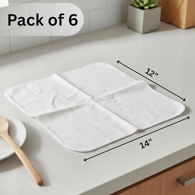 Flour Sack Shop Towels, White Cotton Cleaning Towels 14" x 12", Pack of 6 Reusable Absorbent Towels for Garage, Automotive, Workshop, Kitchen Cleaning, Polishing, Dusting & Multi-Purpose Use