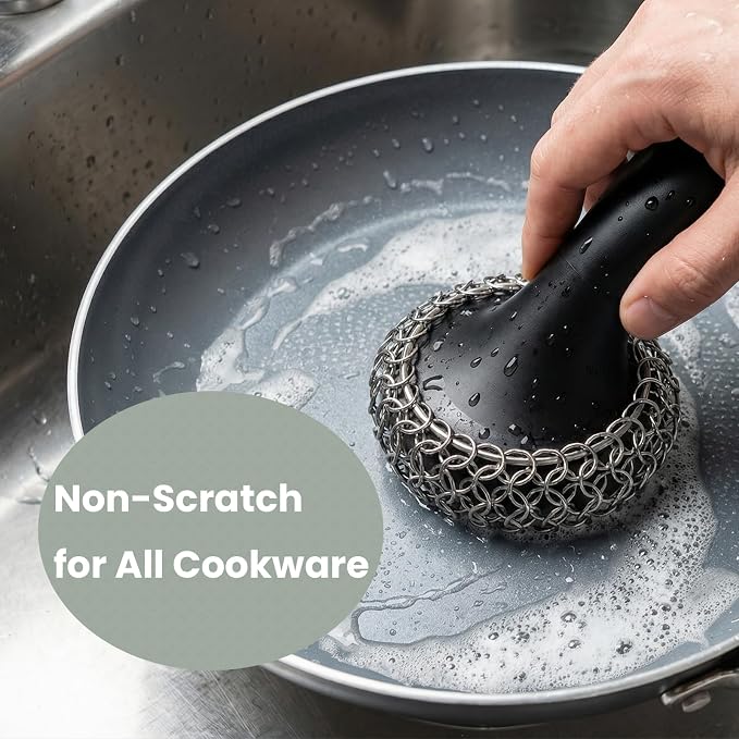 Cast Iron Scrubber with Long Handle Dish Scouring Pad Chainmail Cleaner | 316 Cast Iron Scrubber for Pan Skillet, Dishwasher Safe Cleaning Kit (Black, 1 Scrubber + 1 Scraper)
