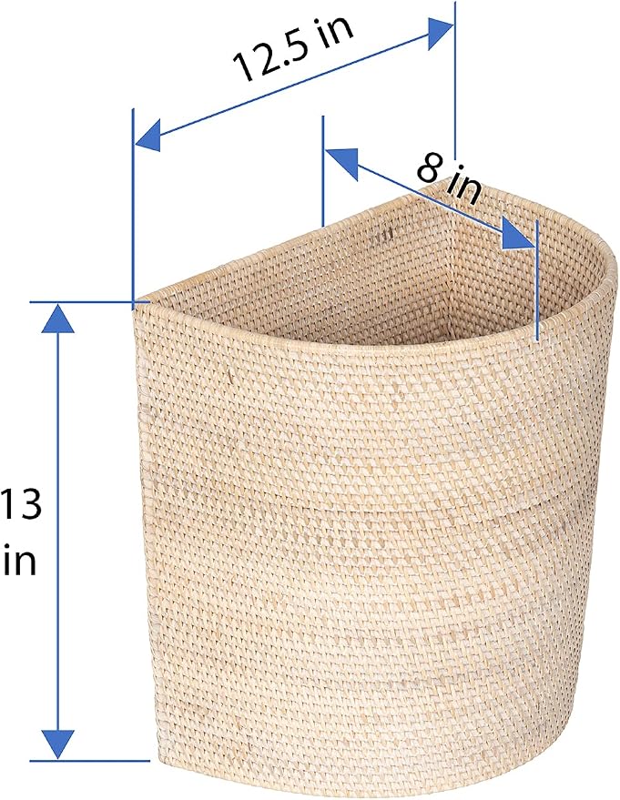 KOUBOO Half-Moon Rattan Waste Basket, Wicker Trash Can, Off White/Latte Bin | Handwoven natural texture, space-saving shape, lightweight construction, ideal for paper and dry household waste