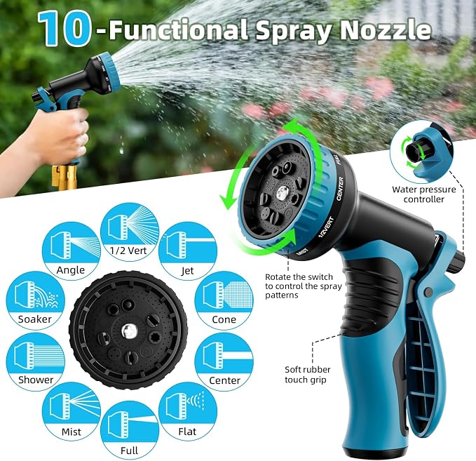 Garden Hose, Non-Expandable Water Hose 125 ft, Flexible Water Pipe with 10-Function Spray Nozzle, Lightweight Outdoor Hose for Yard, Lawn, Car Wash, RV and Home Use