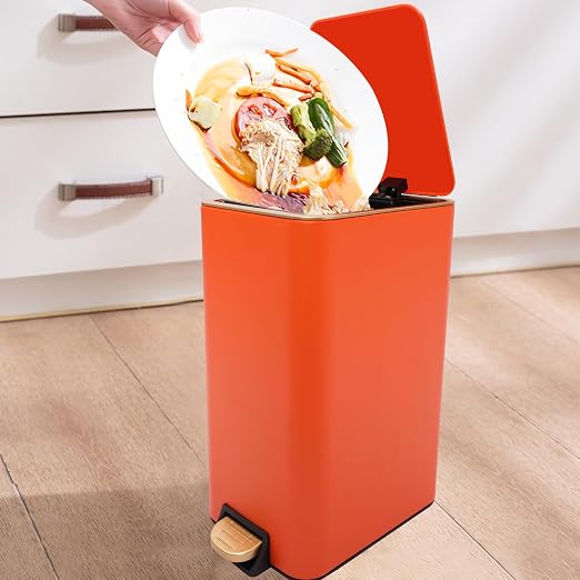3.2 Gallon Slim Trash Can with Quiet Close Lid, Orange | Tall & Narrow Trash Bin, Space-saving, Hands-Free Step Pedal, Easy to Clean Inner,Waterproof, for Home Office