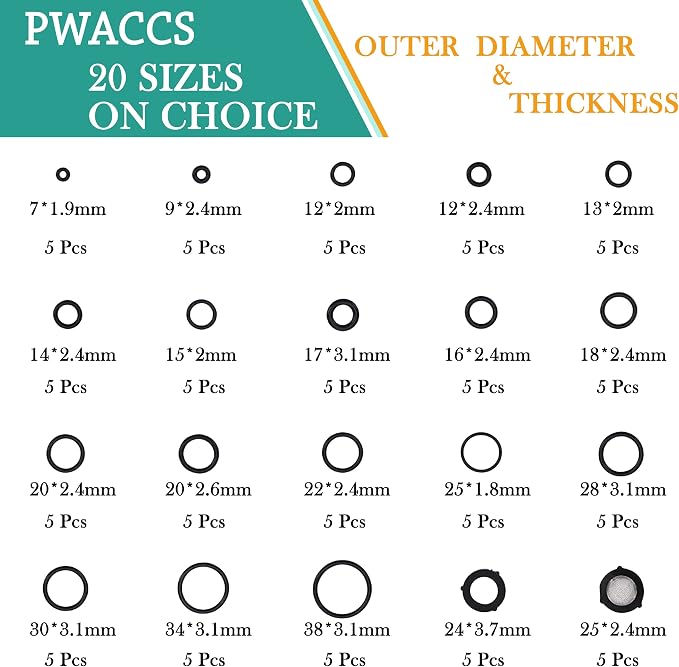 PWACCS High Pressure Washer O Ring Kit, 100 Pieces, Replacement Rubber Ring | For Power Washer Pump, Coupler, Adapter, For Hose, Gun and Nozzle