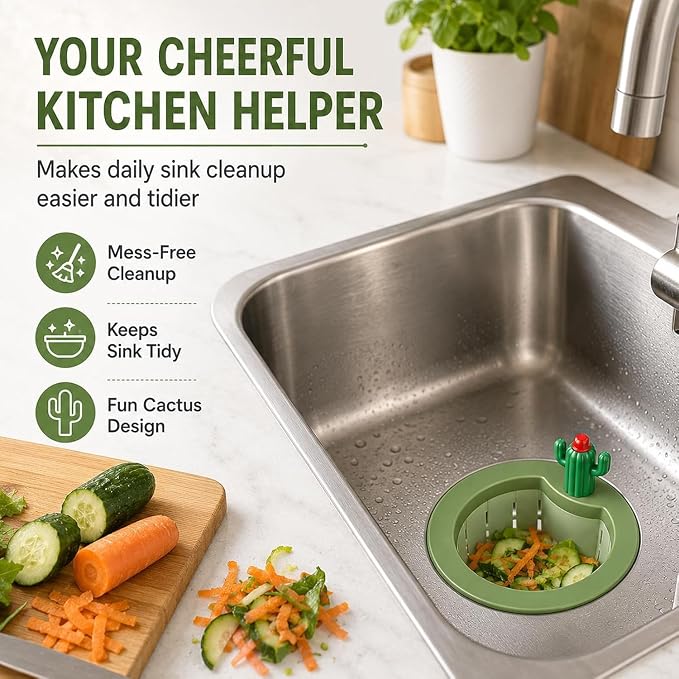 Cactus Kitchen Sink Drain Strainer, Cactus Sink Strainer Basket Fine Mesh, 2026 Upgrade Press Automatic Dumping Basket, Multi-Functional Anti-Clogging Kitchen Drainer with Lifting Handle（Green）