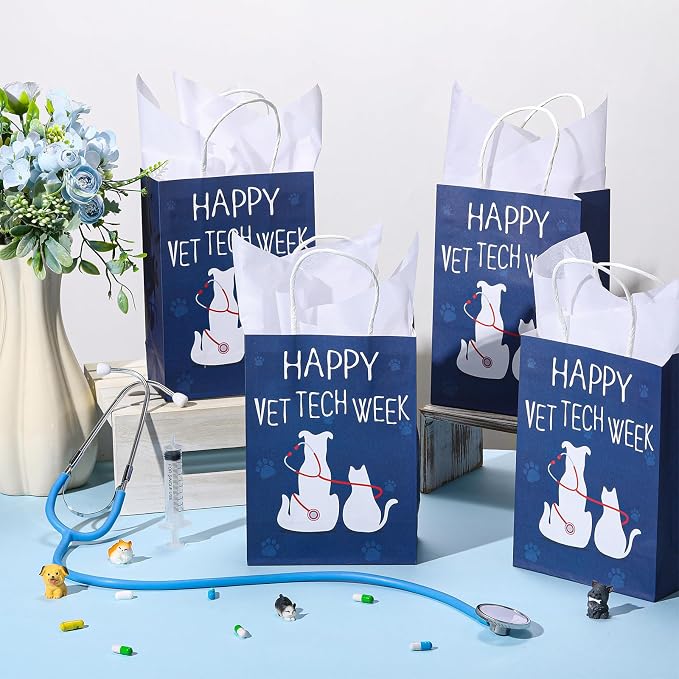 TaoBary 12 Sets Vet Tech Week Gift Veterinary Technician Paper Gift Bag | with Tissue Paper, Veterinarian Treat Bags with Handles, Vet Tech Appreciation Accessories for Assistant Pet Lover