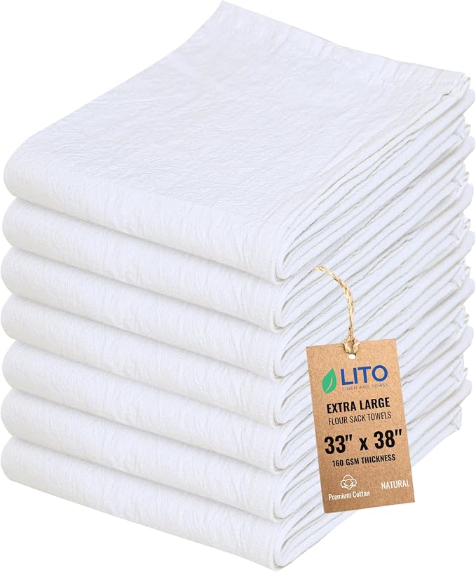 Flour Sack Towels | Tea Towel for Crafts| Kitchen Dish Cotton Blank Towel for Embroidery| Baking Bread Proofing Linen Cover| Thick Absorbent Quick Dry| 7 Pack 33"x38" Natural