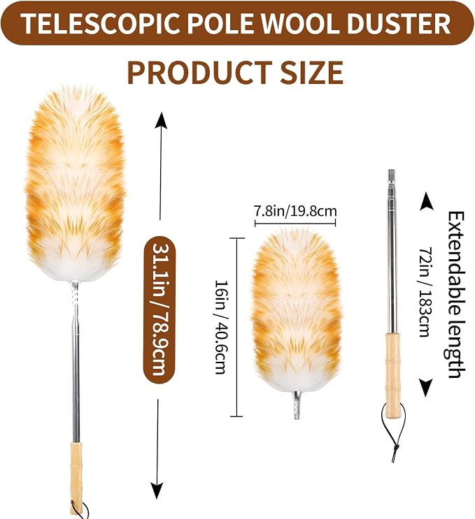Lambswool Duster for Cleaning with Solid Wooden Handle Leather Hang Strap 87.8" Removable Retractable Feather Duster for Cleaning Ceiling Fans Window Blinds Interior Roof Furniture(2 Pack)