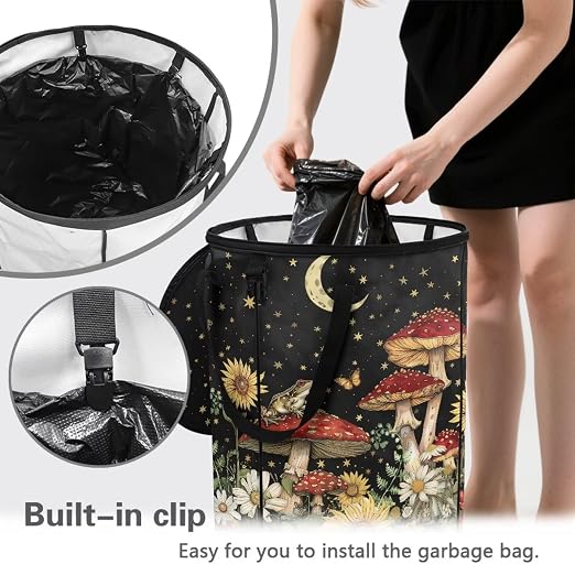 BIGCARJOB Moon Mushroom Foldable Trash Can Collapsible Trash Can Camping Waterproof Recycle Garbage Bin Storage Bag Accessories, 22.83x17.71 in
