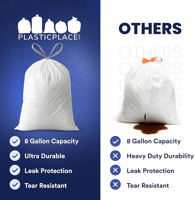 Plasticplace 8 Gallon Trash Bags -White Drawstring Garbage Can Liners - 200 Count - Leak-Resistant and Tear-Proof for Kitchen, Bathroom, Office, and Small Trash Cans 0.7 Mil