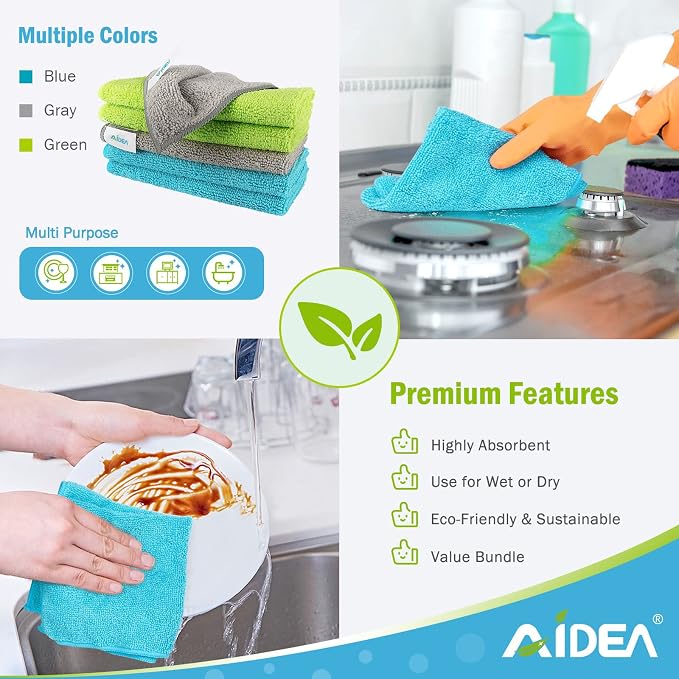 AIDEA Microfiber Cleaning Cloth-24PK, Microfiber Towels for Cars 12"x12" | Absorbent Cleaning Rags, Reusable Microfiber Towels Lint-Free, Dish Rags Streak-Free for Home /Kitchen /Window (Multicolor)