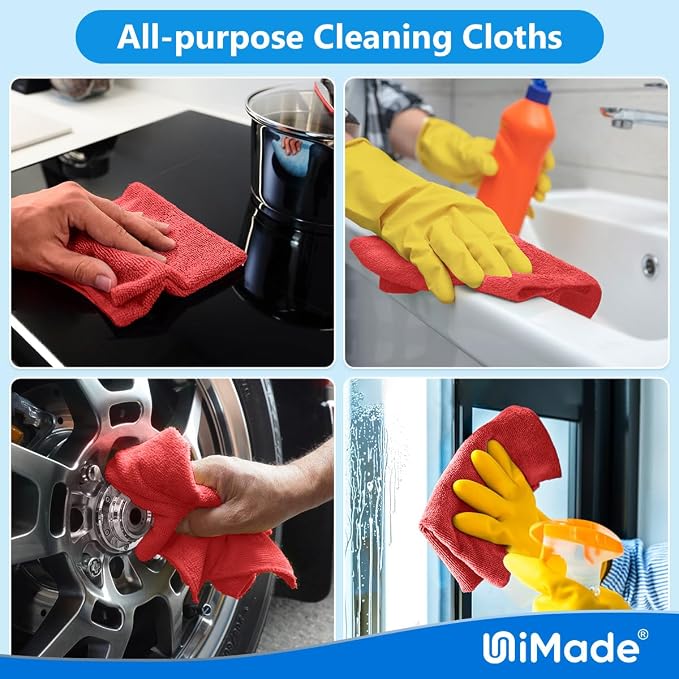 Shop Towels Rags, 50 Pack Reusable Microfiber Cleaning Cloth | Shop Rags Bulk Lint Free Cleaning Towels for Car Kitchen Automotive Bar Mechanic Restaurant Garage, 11.5"x 11.5", Red