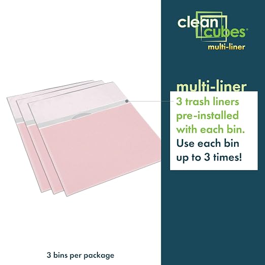 Clean Cubes 13 Gallon Multi-Liner Pop-Up Trash Cans, 3-Pack (Pink) | 3 Stacked Liners Per Bin, 9 Uses Per Pack, Swap Liners Without Touching Trash, No Assembly, Wire-Reinforced Opening