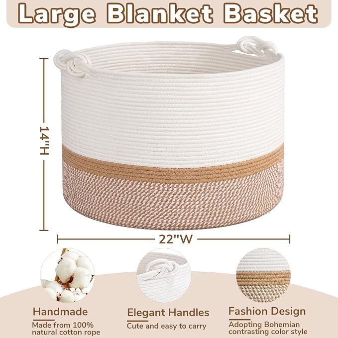 22"x22"x14" Large Blanket Basket, Home Décor for Living Room Bedroom, Cotton Rope Laundry Basket for Clothes Pillows, Baby Fall Decorations for Home Toy Storage, White & Camel