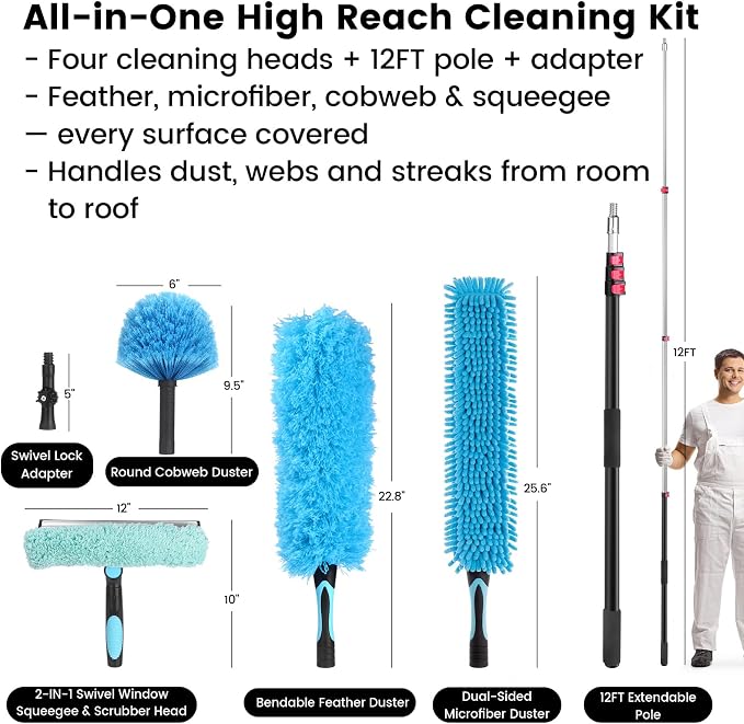 Ceiling Fan Duster Kit with 12 FT Telescoping Pole – 6-Piece Set – Screw-On Cobweb Duster & Squeegee Heads – Washable Bendable – 3/4" Universal Fit – House Cleaning Kit, Blue
