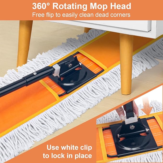 48" Commercial Dust Mop, Heavy Duty Floor Duster with 60" Long Handle | Industrial Wet Dry Sweeper Mop with 2 Reusable Mop Pads for Janitor Indoor Warehouse Gym Hotel Clean