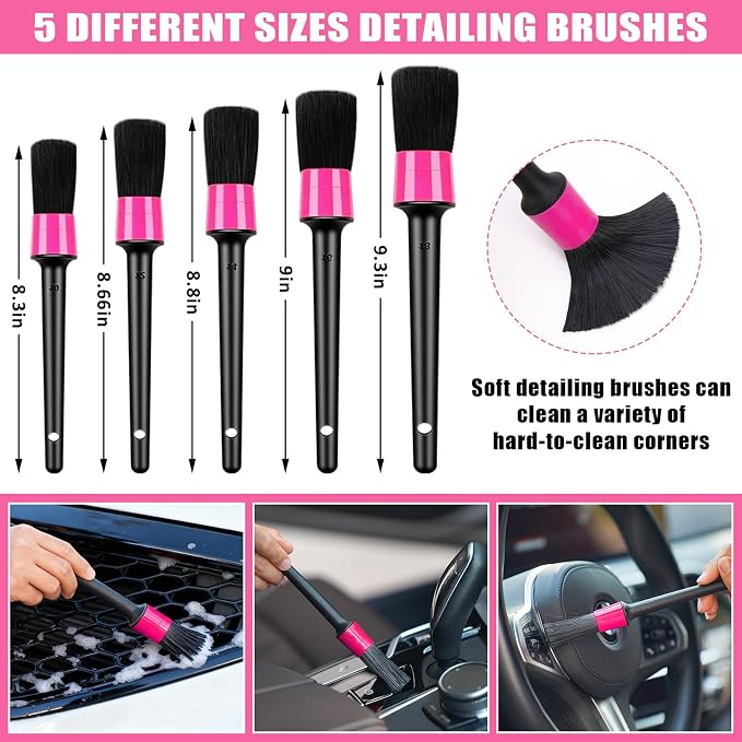 Windshield Cleaner Tool, 17Pcs Car Interior Detailing Kit, Detailing Brush, Towels, Duster, Car Cleaning Kit Interior for RVs, Truck, Trailer (Pink)