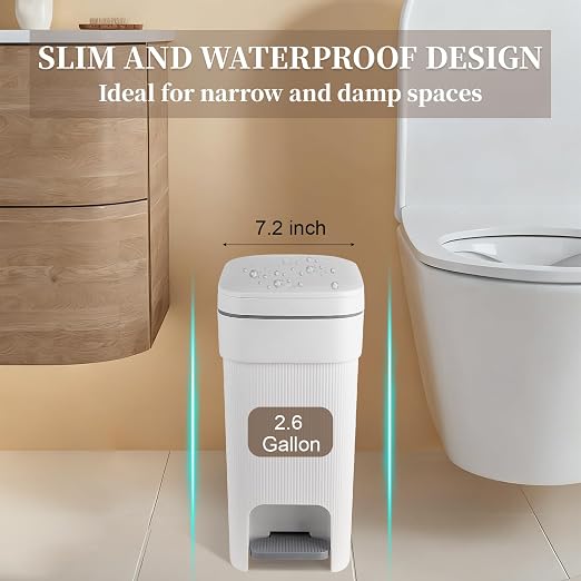 Small Bathroom Trash Can with Lid Slim Step Garbage Can 2.6 Gallon White | Stylish Decor Soft Close Trash Bin Plastic Wastebasket with Trash Bags for Kitchen Bedroom Office Living Room Toilet College