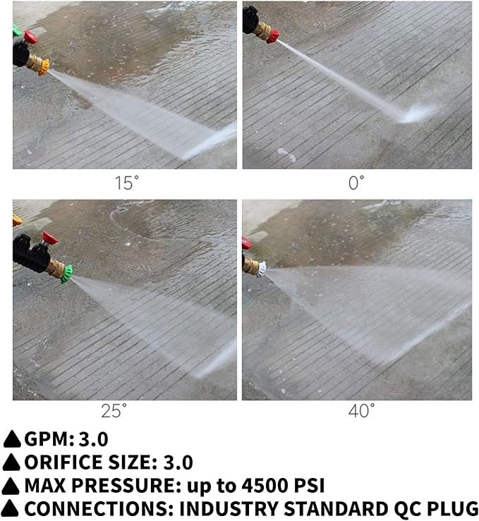 Pressure Washer Nozzle Tips 4500 PSI, Multiple Degrees,3.0GPM, 5Pcs | Pressure Washer Spray Nozzle Tips, 1/4 In Quick Connect, 0° 15° 25° 40° Soap Tip for Cleaning Car, Garden Road, Watering