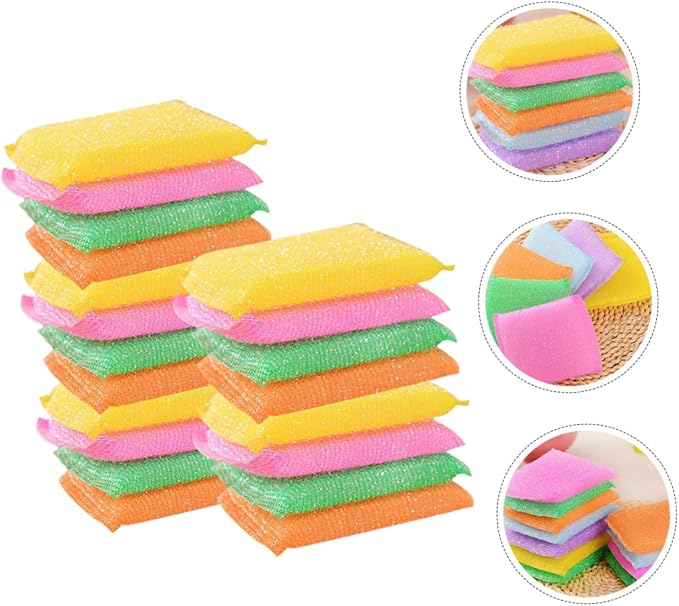 20pcs Non Scratch Dish Scrubbing Pads Kitchen Sponges for Washing Dishes Soft and Sponge Material Powerful Stain Removal Scratch Scourers for Utensils and Hard Random Color