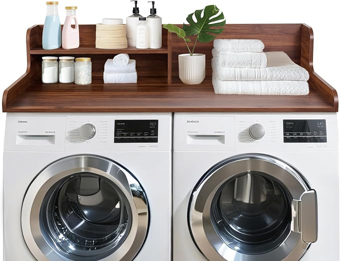 Washer Dryer Countertop 2 Tier 58 inches Wide, Laundry Shelf Topper with Edge, 58" W x 28" D x 12" H Laundry Space Organizer, Dark Walnut