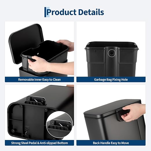 Takywep Stainless Steel Fingerprint Proof Soft Close Recycling Trash Can with Foot Pedal & Removable Inner Bucket, Rectangular Waste Bin for Kitchen Home Office Bathroom Restaurant