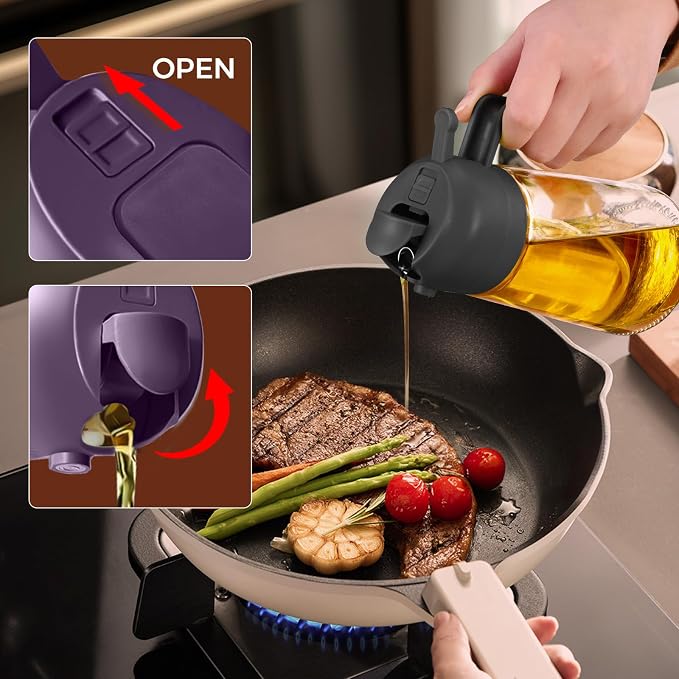 YARRAMATE 16 oz 2-in-1 Glass Olive Oil Sprayer for Cooking, BlackPurple | Food-grade dispenser bottle, 470 ml, spray and pour, portion control, stickers included, for salad, frying and BBQ