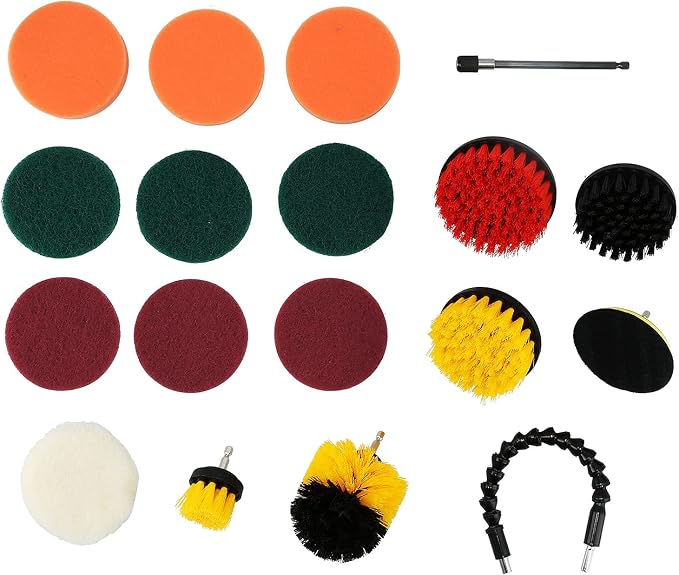 19PCS Drill Brush Kit, Power Scrubber Cleaning Set with Scouring Pads and Polishing Sponges for Electric Drill, Heavy-Duty Cleaning Tools for Car, Bathroom, Kitchen