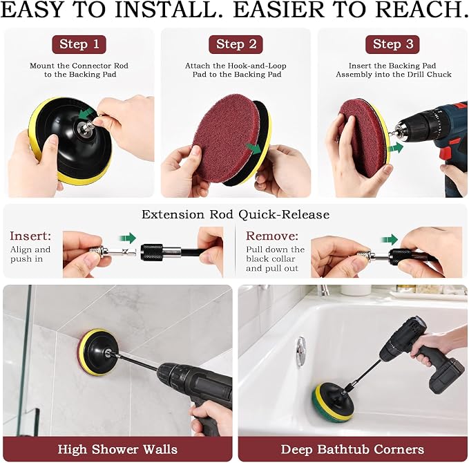 5 Inch 15 PCS Scouring Pads Drill Brush Power Scrubber Cleaning Kit | Hook and Loop Scrub Pads Drill Attachment with Accessories for Bathroom Scale Removal, Rust Removal, Metal & Tile Cleaning