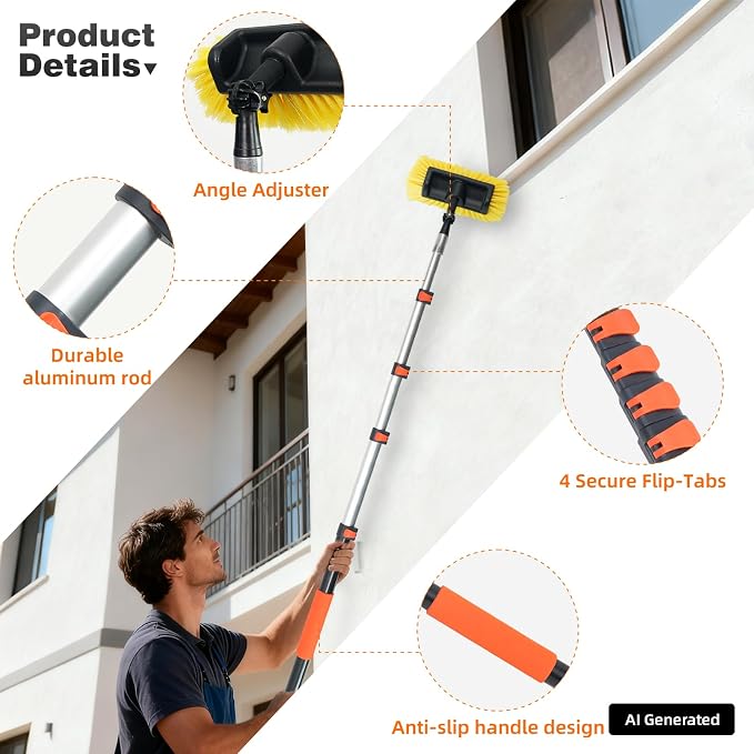 16FT Car Wash Brush with Long Handle, Car Cleaning Brush with 12" Soft Bristle and 12" Hard Bristle, 4-16Ft Telescopic Pole for Scratch-Free Cleaning Truck,RV, Boats,House Siding,Floors,Solar Panels