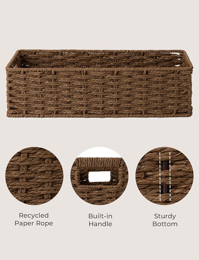 StorageWorks Toilet Tank Tray, Brown Round Paper Rope Bathroom Baskets for Organizing, Toilet Tank Basket, Toilets Organizer with Built-in Handles, 14 ¼"L x 6 ¾"W x 3 ¾"H, 2 Pack