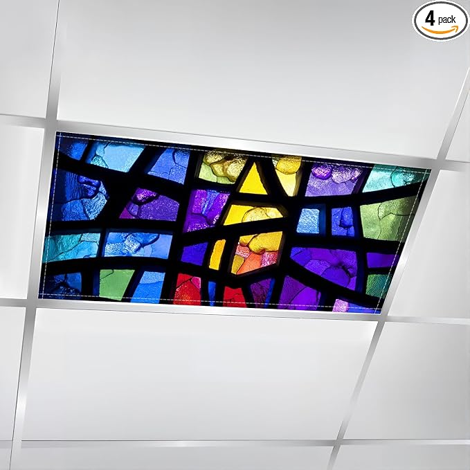4 Pack Fluorescent Light Covers for Ceiling Lights Stained Glass Window Decorative Magnetic Light Cover Light Filters for Classroom Office Home