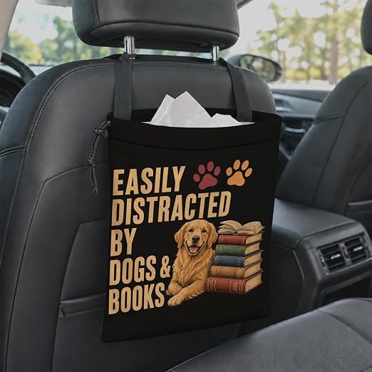 Golden Retriever Book Car Garbage Bag Canvas Trash Can | Easily Distracted by Dogs and Books Drawstring Car Trash Bag Hanging for Back Seat with Adjustable Buckle