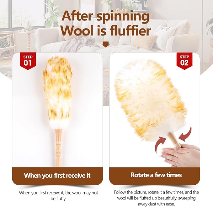 Lambswool Duster for Cleaning with Solid Wooden Handle Leather Hang Strap 19.6 inch Natural Feather Duster for Cleaning Ceiling Fans Window Blinds Computer Furniture(2 Pack)