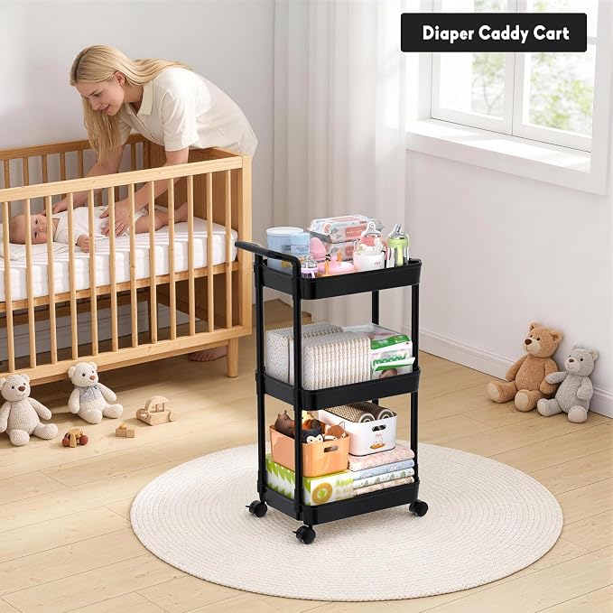 Volnamal Diaper Caddy, 3 Tier Rolling Cart for Baby Essentials, Black | Movable & Easy Assemble Cart for Newborn Nursery Essentials, Diaper Storage Organizer for Changing Table&Crib, Baby Registry