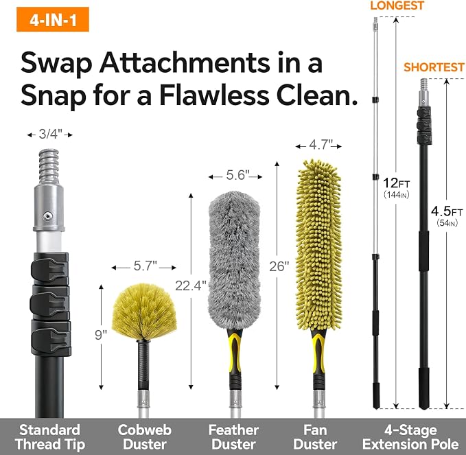 4-in-1 4-12Ft 4-Stage Telescoping Extension Pole Kit for Cleaning | Feather Dusters with Bristles for Outdoor Indoor, 4-Stage Spider Web Remover with Telescopic Pole for Ceiling Wall Yellow