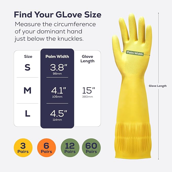 FMP Brands 3/6/12/60 Pairs 15 Inch Extra Long Rubber Dishwashing Gloves - Non-Slip for Cleaning, Kitchen, Bathroom, Gardening