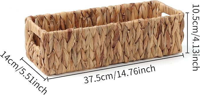 Moosky Wicker Storage Baskets with Handle Water Hyacinth Basket for Organizing Decorative Storage Bins for Countertop Toilet Tank Boho Rectangular Home Organizer (Natural, 14.5" x 5.5" x 4.1")