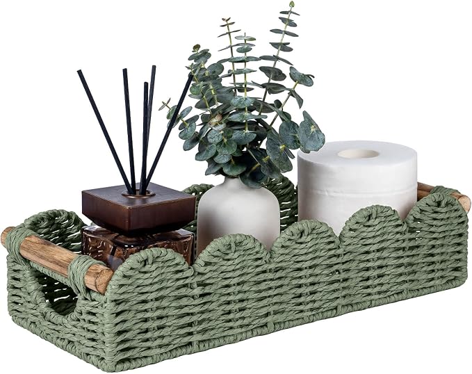 CubesLand Bathroom Basket Organizer, Toilet Decor Basket W/Cut Out Handle | Wicker Toilet Paper Storage Basket Tray, Scalloped Basket for Bathroom Countertop Decorative Also for Home Decor, Green