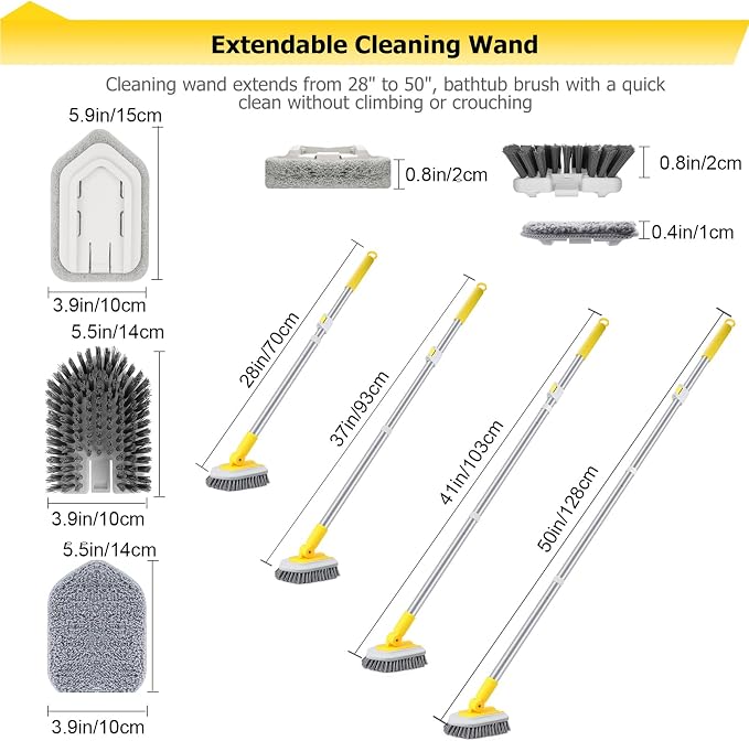 Bathtub Cleaning Brush Long Handle, Shower Bathroom Cleaner Brush Scrubber | 3 Different Detachable Scrub Brush Replacement Head for Scrubing Bathroom Floors, Tubs, Tiles, and Kitchen Walls